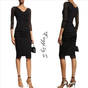 NWT FUZZI Italy Black Ruched Mesh Bodycon Dress V-Neck LBD   sz XS